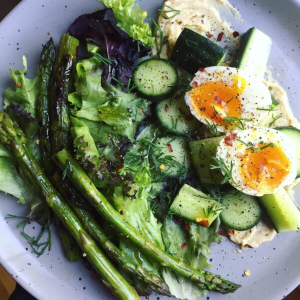 Spring Greens Salad with Roasted Garlic Hummus+7-Minute Egg