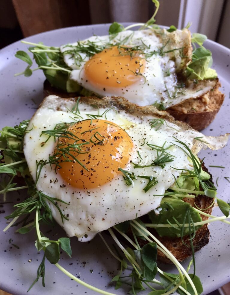 Miso Avocado Toasts with Eggs and Greens. - harvestandnourish.com