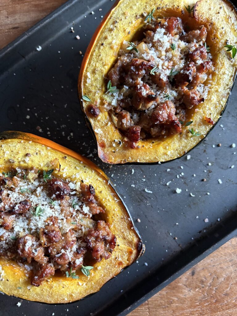 Sausage Stuffed Acorn Squash. - harvestandnourish.com