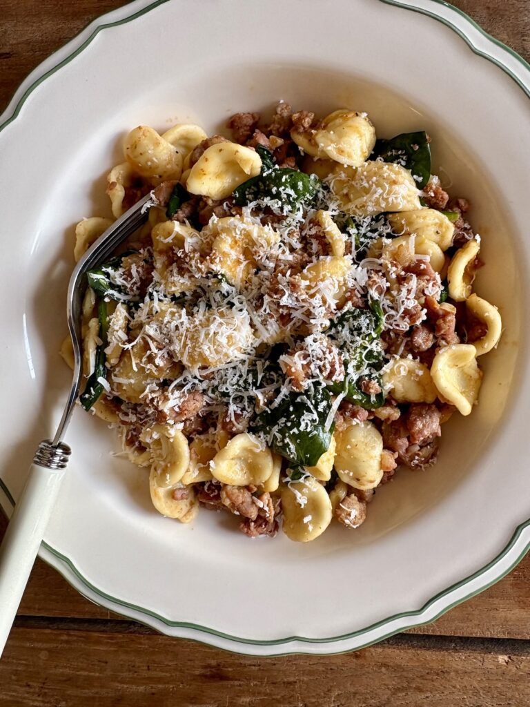 Why you’ll love this recipe

It’s seasonally inspired: This lighter pasta dish combines the warming flavours of Italian sausage with lots of fresh greens and just a touch of sharp, tangy Dijon to satisfy your cravings as we transition through the seasons.

It’s flavour-packed yet balanced: Made with just a handful of ingredients, this simple dish packs so much flavour with a pop of freshness from the spinach.

Orecchiette with Sausage and Spinach. - harvestandnourish.com